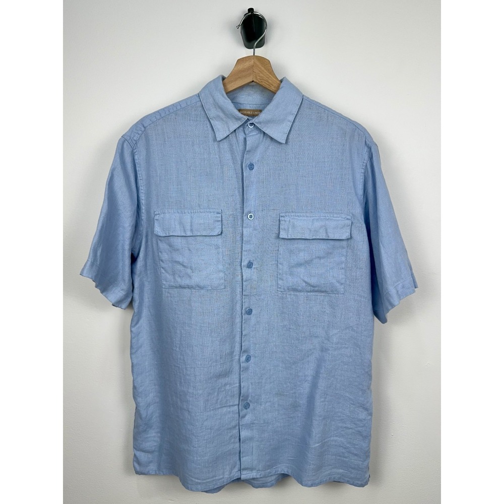 Bruno 100% Linen Shirt Mens Medium Blue Washable Casual Travel Button Up